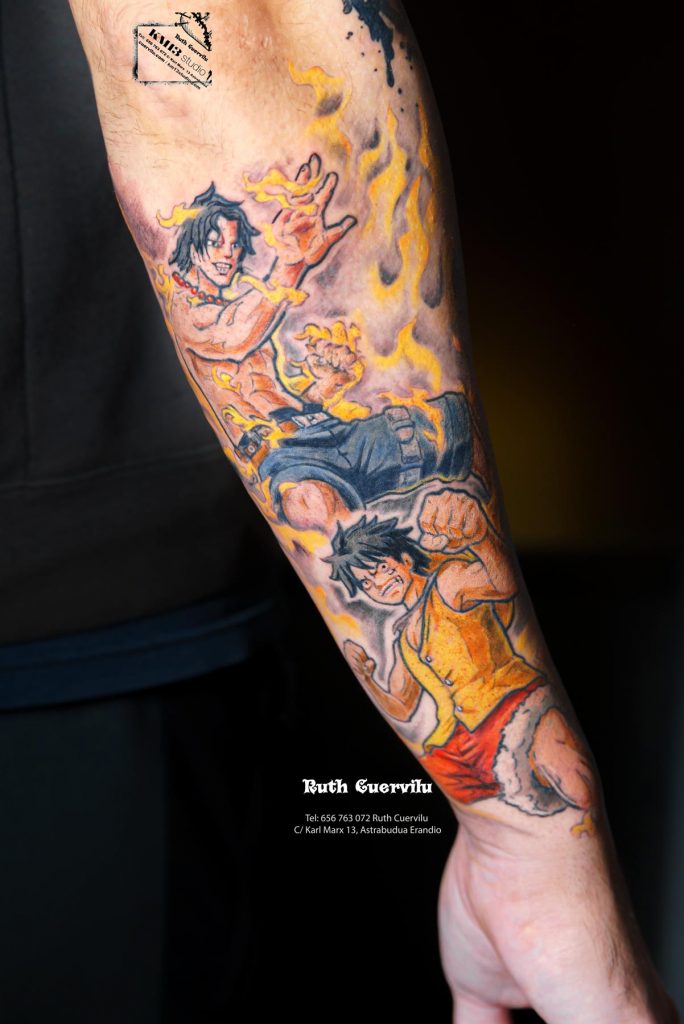 Tatuaje Color Manga One Piece Lufi Ace - Ruth Cuervilu Tattoo - KM13 Studio - Estudio de tatuajes en Astrabudua Erandio Getxo Leioa Bilbao Bizkaia