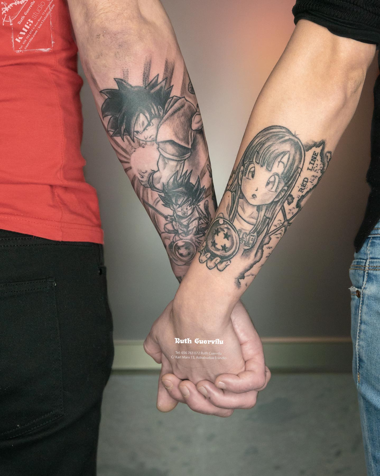 Tatuaje Dragon Ball Goku y Bulma de la mano - Ruth Cuervilu Tattoo - KM13 Studio - Estudio de tatuajes Astrabudua Erandio Bizkaia Bilbao Barakaldo Getxo Leioa Gasteiz Donostia