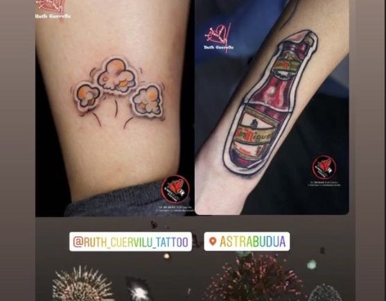 tatuajes estilo pegatina sticker. Palomitas de maiz , pollito y botellin cerveza. Por ruth cuervilu Tattoo en KM13 Studio